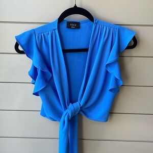 Vici Cropped Tie Front Top - Blue - Small